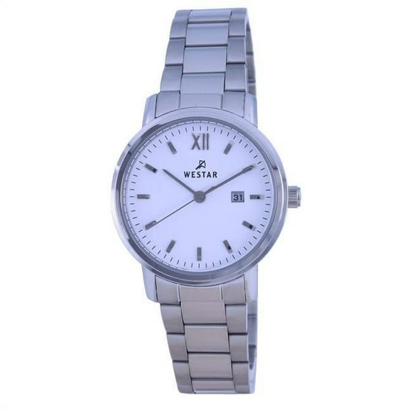 Westar 40245STN101 Montre pour Femme à Cadran Blanc en Acier Inoxydable à Quartz, Bleu
