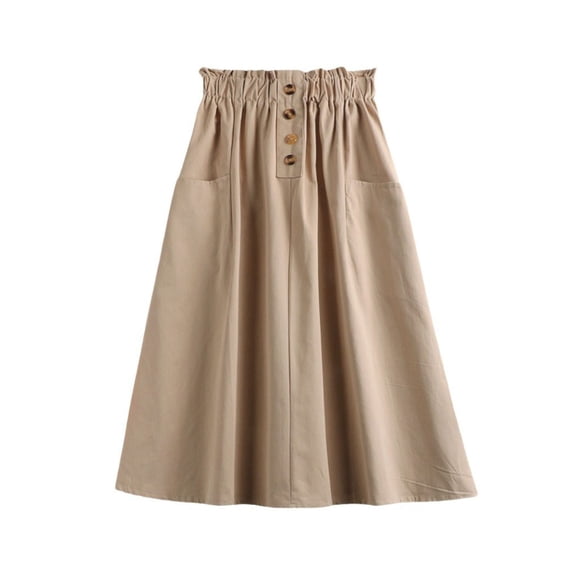 Cavosen Summer Skirts for Women Flowy Loose Solid Pleated Elastic Waist Midi Skirt Ladies A Line Casual Soft Summer Skirt Khaki Free Size