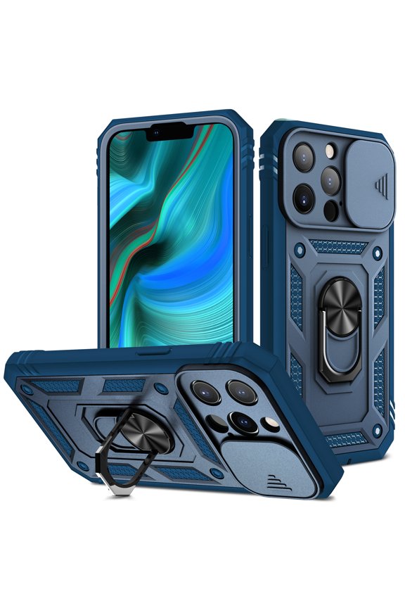 iPhone 13 Pro Case, Techcircle Slim Heavy Duty Rugged Hybird Shockproof Anti-Slip Magnetic Ring Stand Slide Len Protective Phone Case for Apple iPhone 13 Pro, H