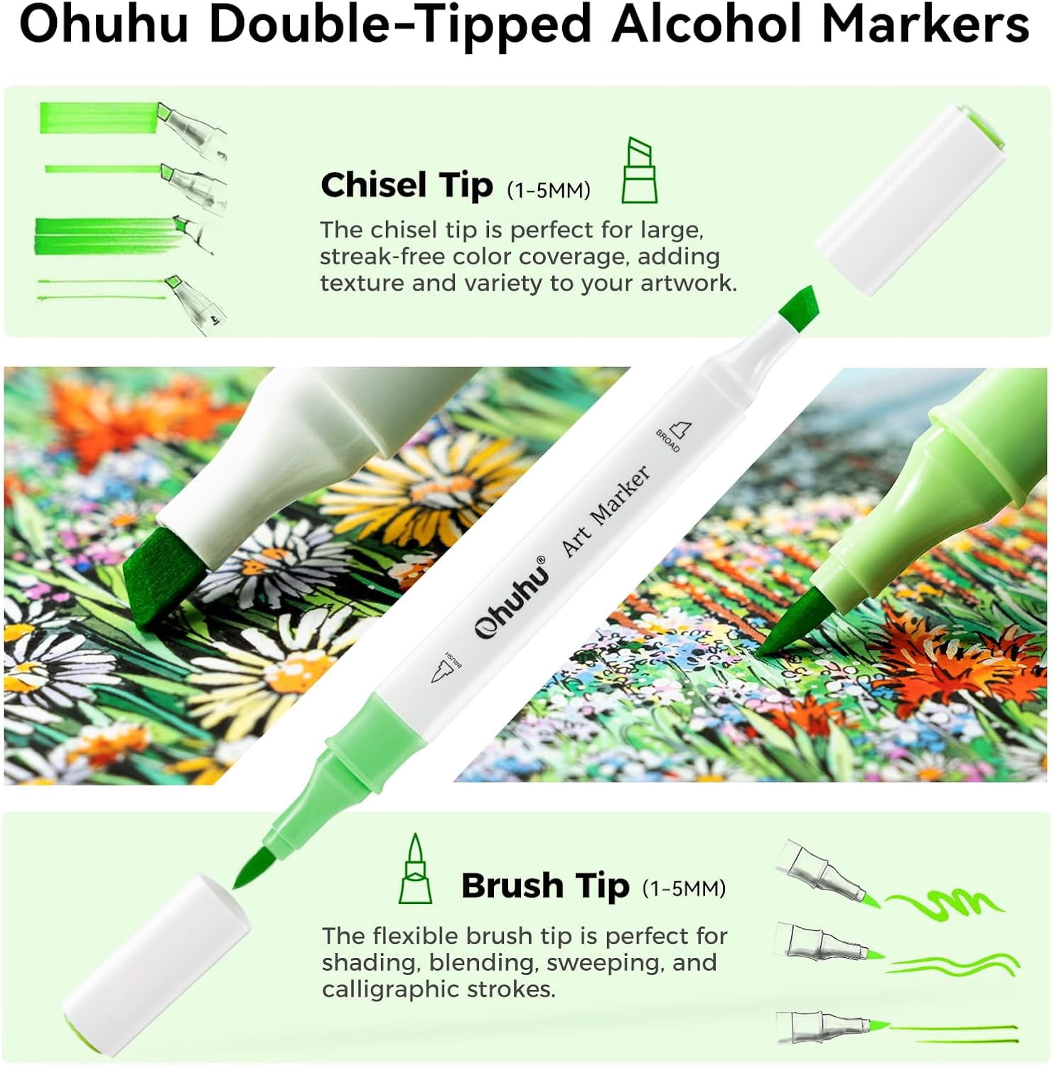 Brush Markers Alcohol Based: Double Tipped Art Sketch Drawing Marker for Artists Adults Beginners Coloring Landscape Architectural Design - Brush& Chisel - 48-color w/Marker Storage Case