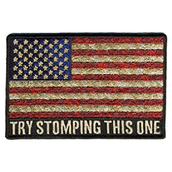 TRY STOMPING THIS ONE, Iron-On / Saw-On Rayon PATCH - 4" x 3"