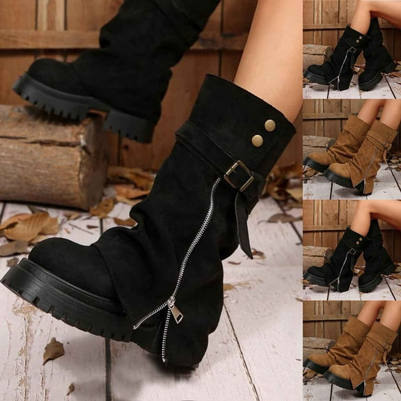 Juebong Cowboy Boots for Women Western Mid Calf Cowgirl Boots Lug Sole Chunky Heel Fold Over Slouchy Boots with Side Zipper Black,42