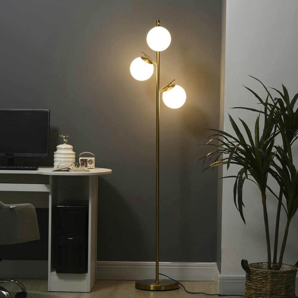 Spaco 10.75"x10.75"x66.5" Modern 3-Light Floor Lamp, Tree Standing Lamp with Globe Lampshades for Indoor as Living Room, Bedroom, Gold