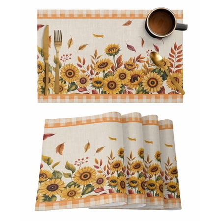 Placemats Set of 6 Sunflower Woven Placemat Linen Place Mats for Kitchen/Dining Tables Fall Thanksgiving Plaid Country Autumn Orange Washable Table Mats for Party