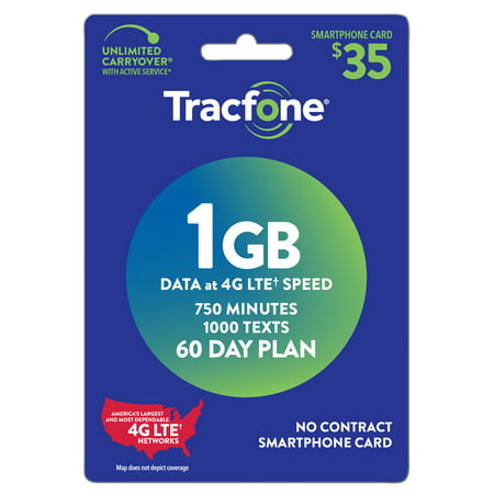 Tracfone $35 Smartphone 60 Day Plan, 750 MIN/ 1000 TXT/ 1 GB DATA (Email