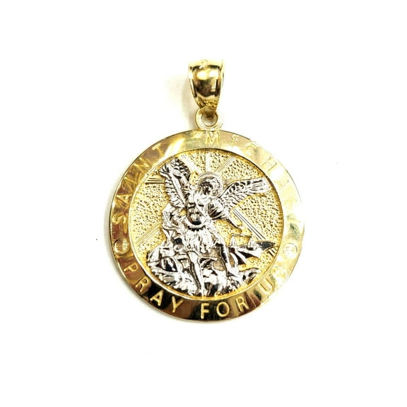 14k two tone gold Round saint Michael pendant 0.98" fine religious jewelry 3.7g