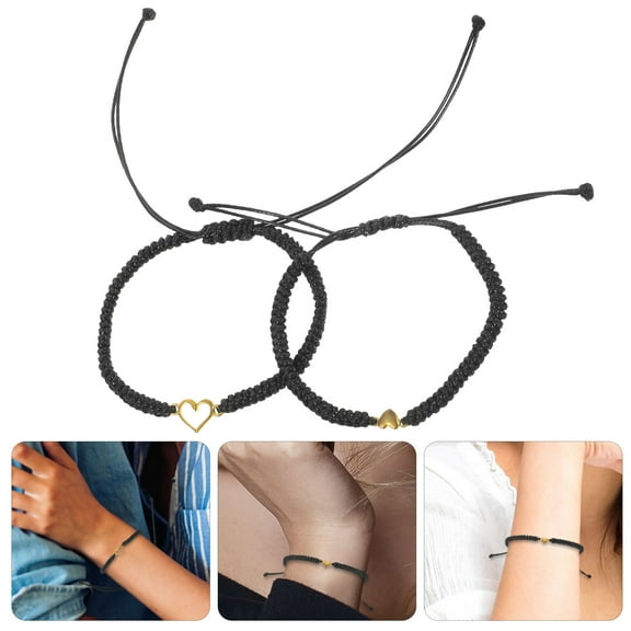 ELAYARD 2Pcs Handwoven Mother Daughter Bracelet Adjustable Black Matching Heart Design