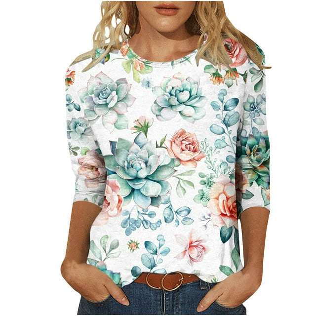 KIHOUT Nouvelles Arrivées Hauts à Manches 3/4 pour Femmes Coupe Ample Décontractée Col Rond Imprimé Floral T-Shirts Mignons Tunique Trois Quarts