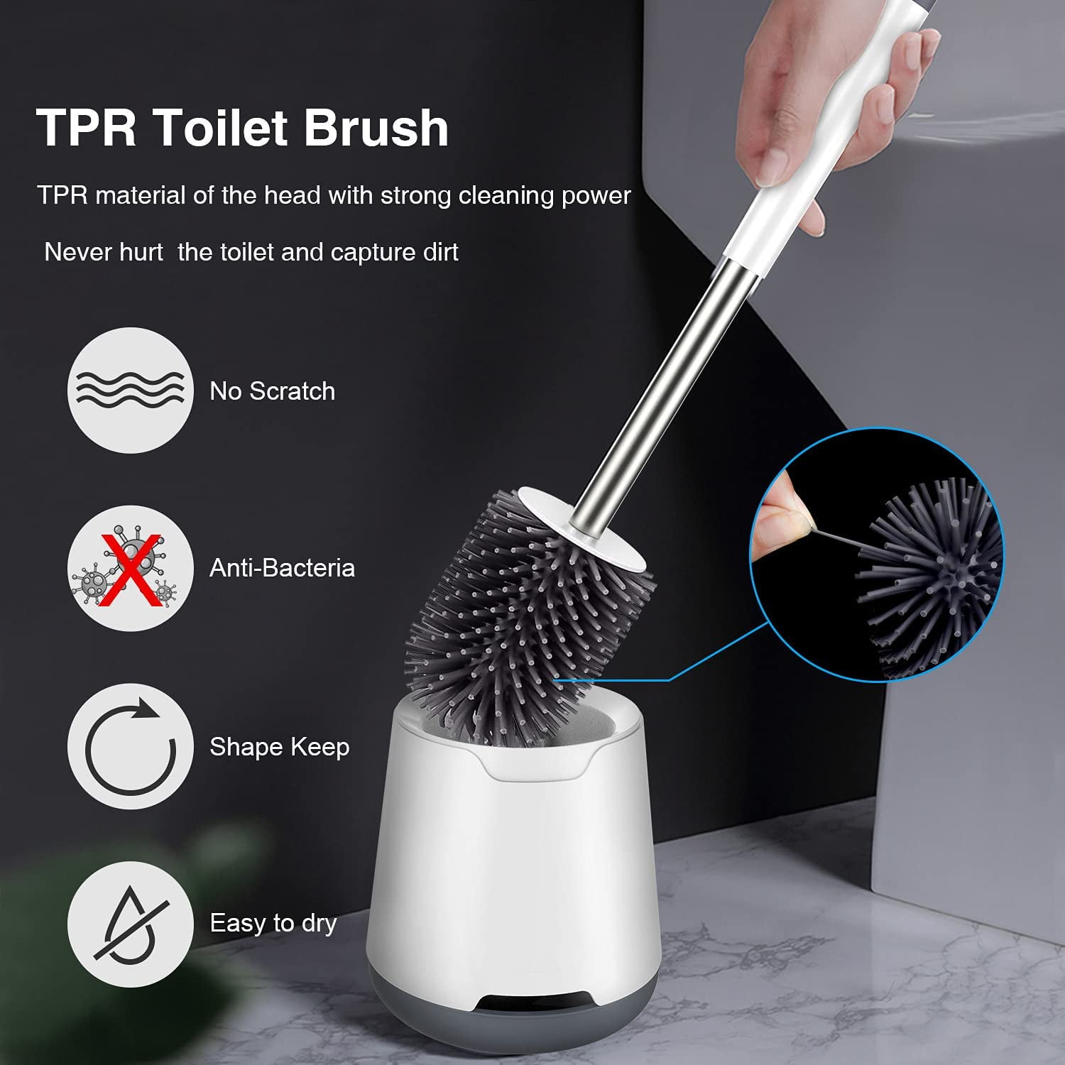 WOTEK Toilettenbürste Klobürste Silikon mit Schnell Trocknendem Halter Stehen WC Bürste Edelstahl Griff für Badezimmer und Toilette