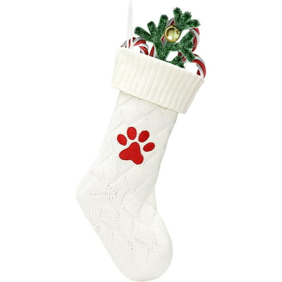 1 PCS White Christmas Stockings, 18 Inches Large Knit Pet Stocking with Paw Embroidery, Cable Knit Xmas Hanging Stocking Fireplace Stockings for Family Holiday Xmas Party Decorations