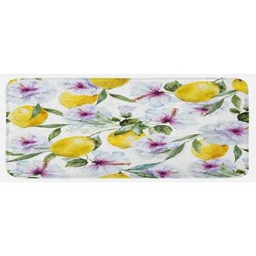 Spring Kitchen Mat, Flowers Lemons Essence Refreshing Agriculture Harvest Aroma Organic Watercolor Art, Plush Decorative Kitchen Mat with Non Slip Backing, 47" X 19", Multicolor, by Ambesonne