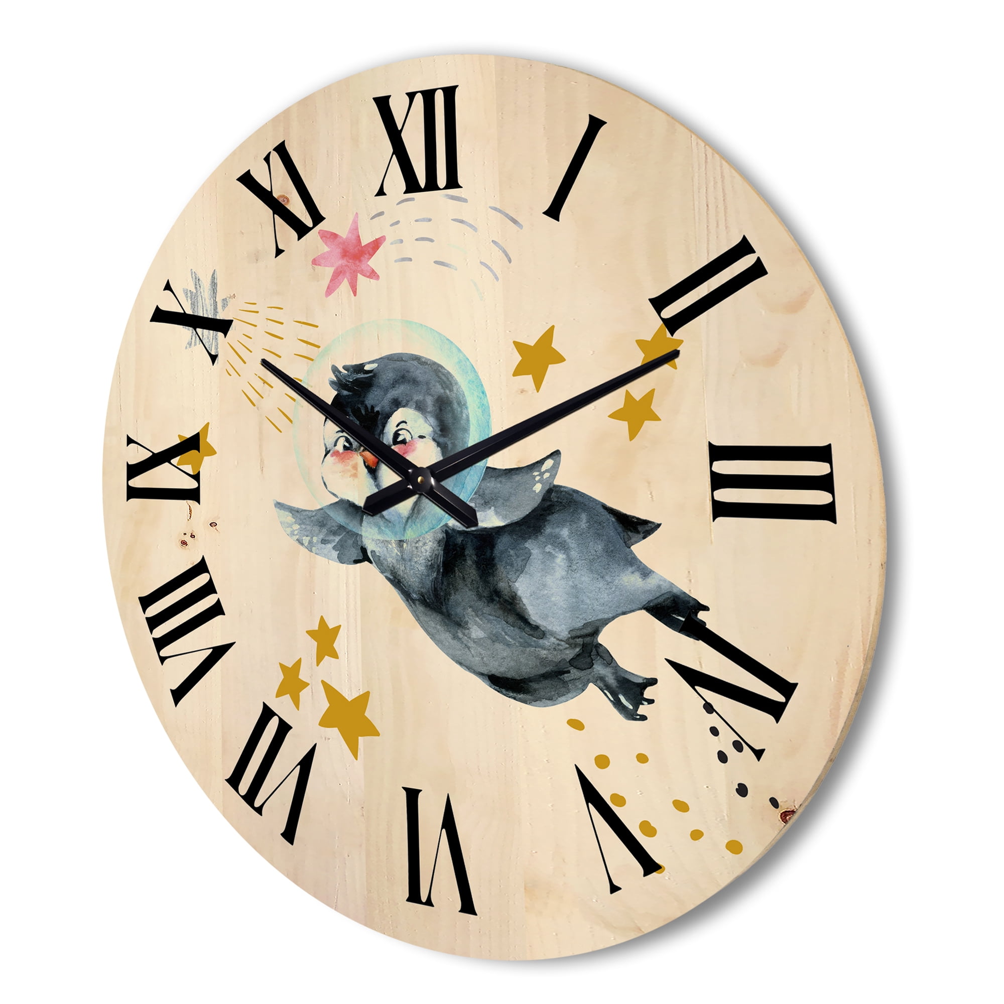 Designart 'Little Penguin Flying Planets and Stars I' Farmhouse Wood Wall Clock