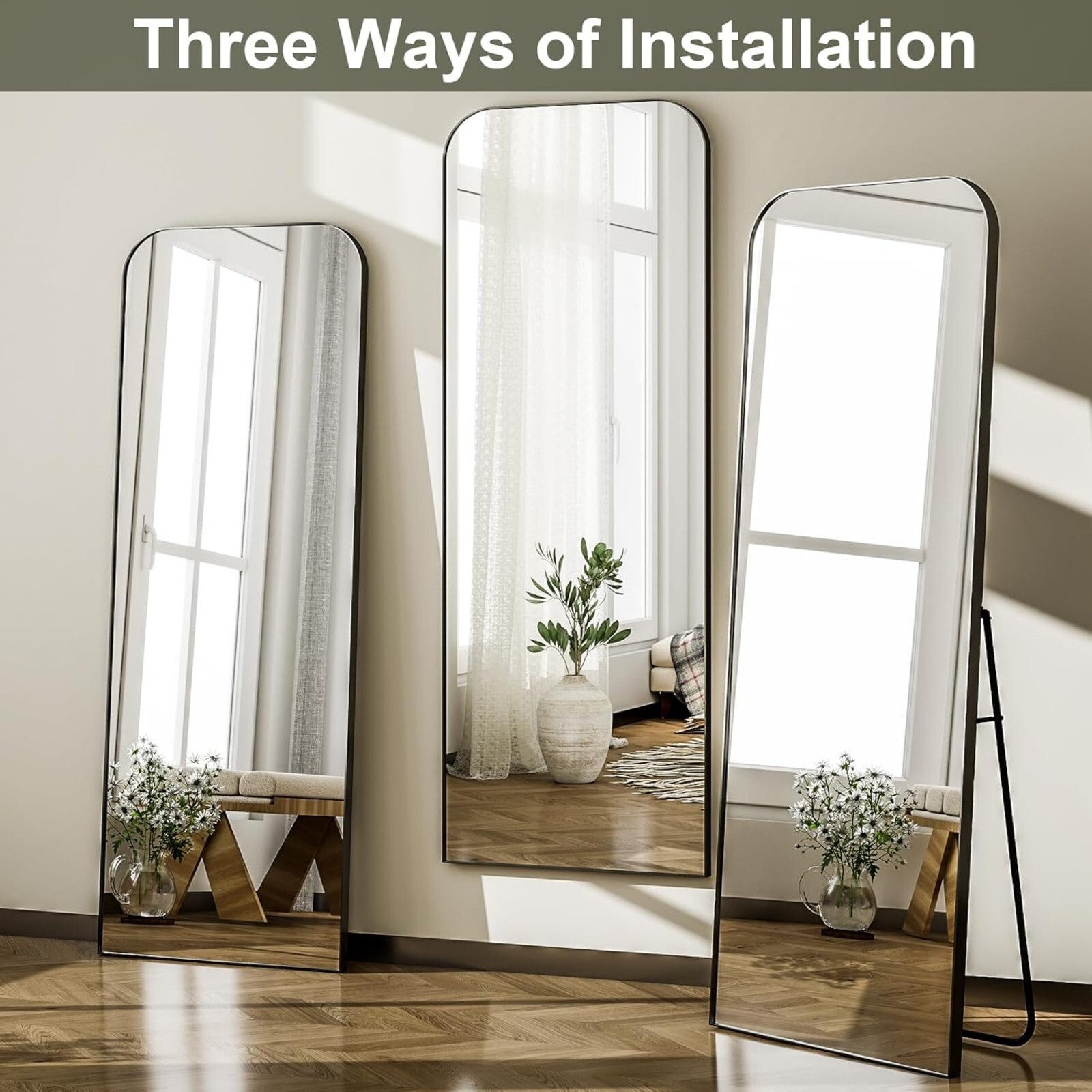 AUROMIR 64"x21" Arched Full Length Mirror Freestanding Floor Mirror with Metal Frame, Black