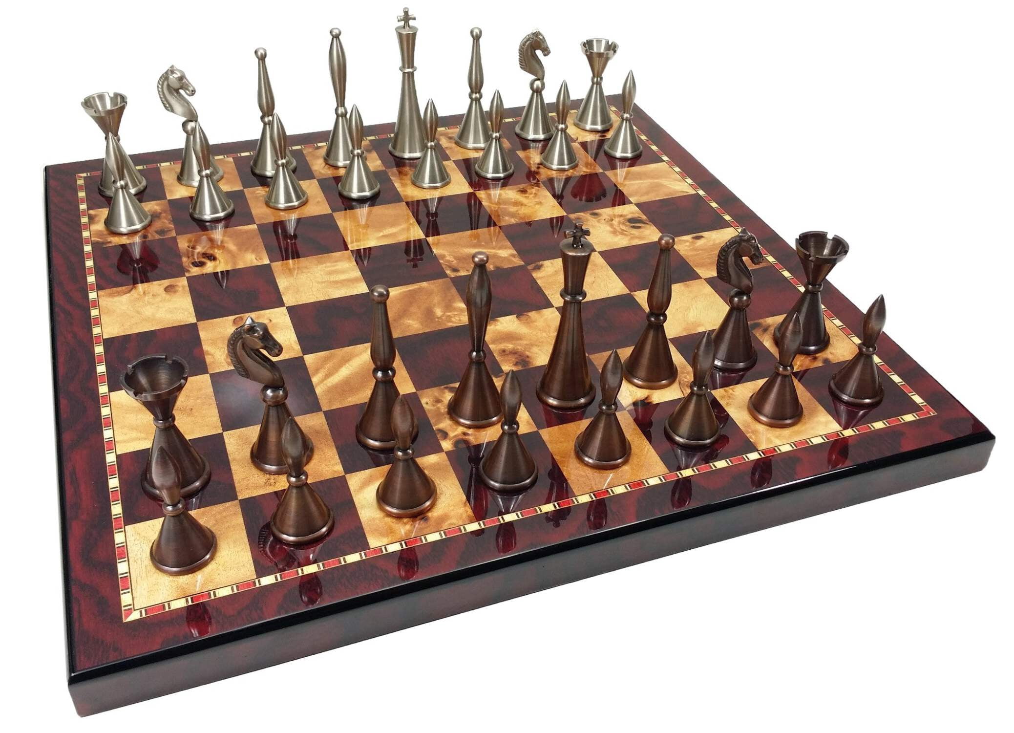Real Brass Metal Modern Art Deco Staunton Chess Set 18" Cherry Color Board