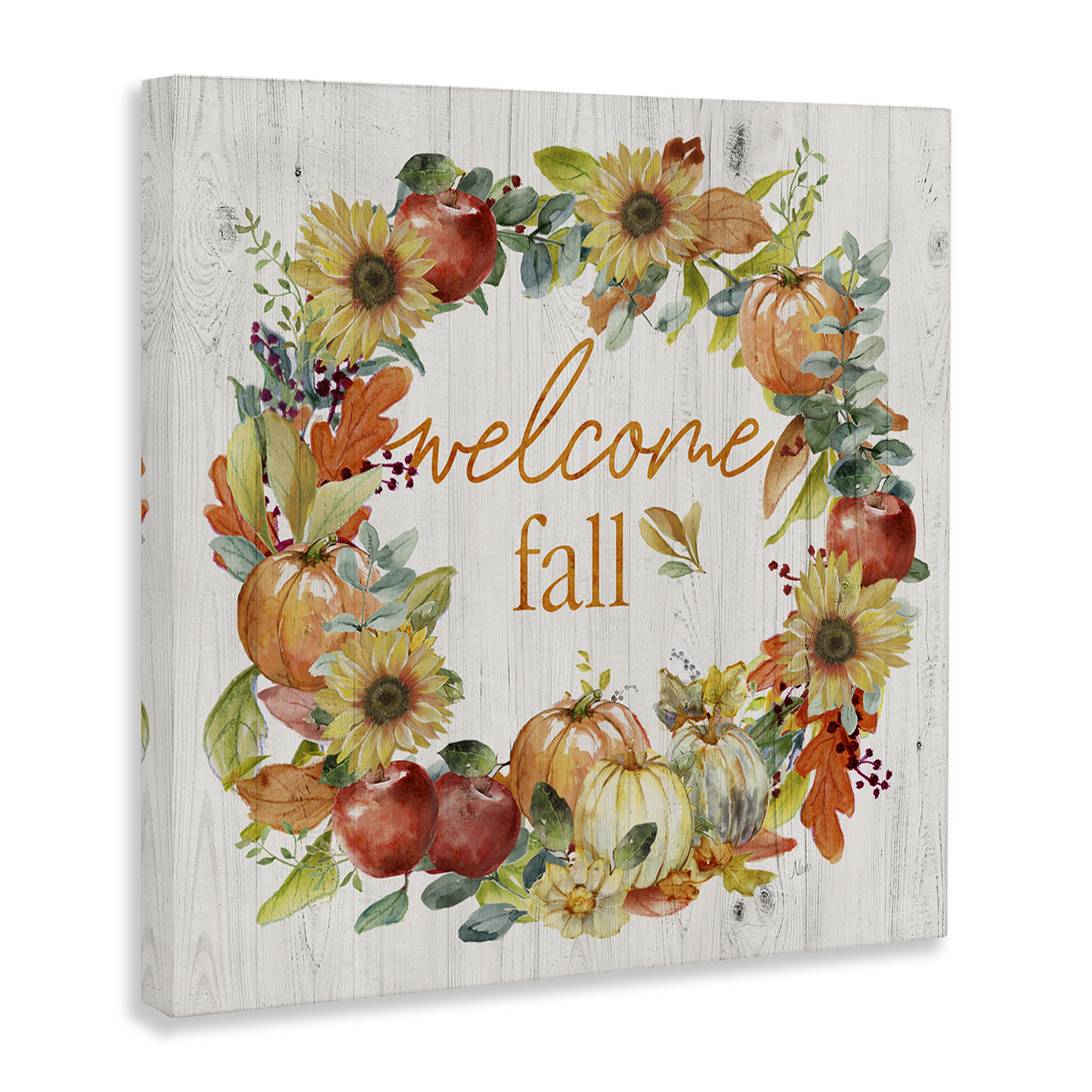 Stupell Industries Welcome Fall Pumpkin Wreath Botanical & Floral Painting Gallery Wrapped Canvas Art Prints Wall Art, 36 x 36