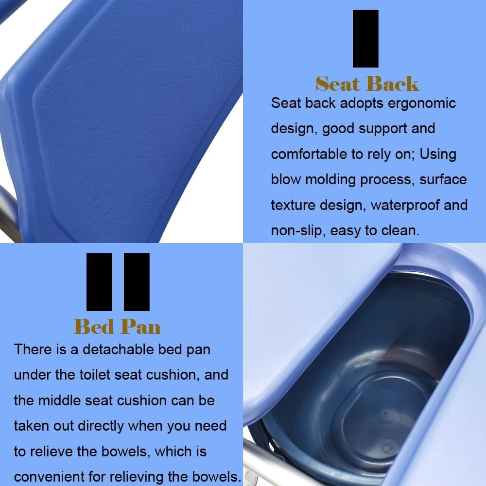 EQCOTWEA Toilet Seat Commode Wheelchair Shower Seat Bathroom Rolling Caster Bedside Chair with Foldable Arms