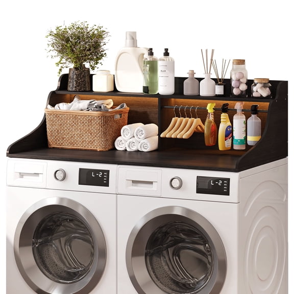 Porueti Washer Dryer Countertop with 2-Tier Storage Shelf, LED Light and Hanging Rod, Wooden Washer Dryer Topper, Black
