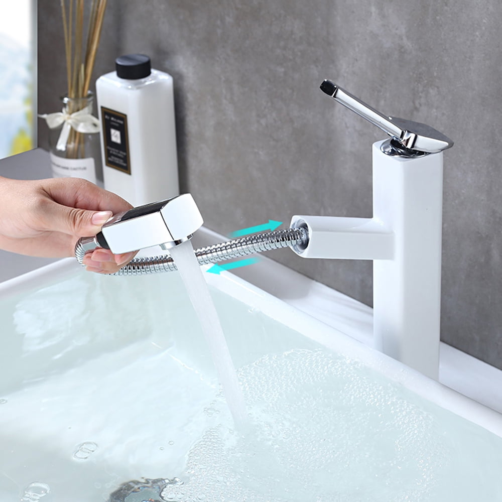 KAIYING Single Handle Bathroom Sink Faucet with Pull Out Sprayer, Rotating Spout, Pull Down Basin Mixer Tap for Hot and Cold Water (Tall, Chrome & White)