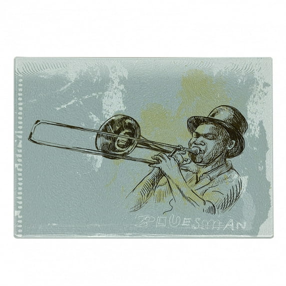 Jazz Music Cutting Board, Trumpet Player Illustration Rock and Roll Party Classic Design, Decorative Tempered Glass Cutting and Serving Board, Small Size, Grey Yellow Black, by Ambesonne