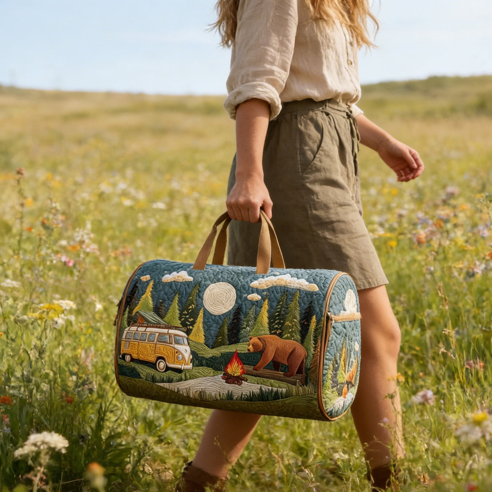 Quilted Hippie Van Duffle Bag with Adjustable Strap - Large Bohemian Travel Tote for Yoga Festival Gym Workout, Artistic Patchwork Carryall for Dance & Overnight Trips