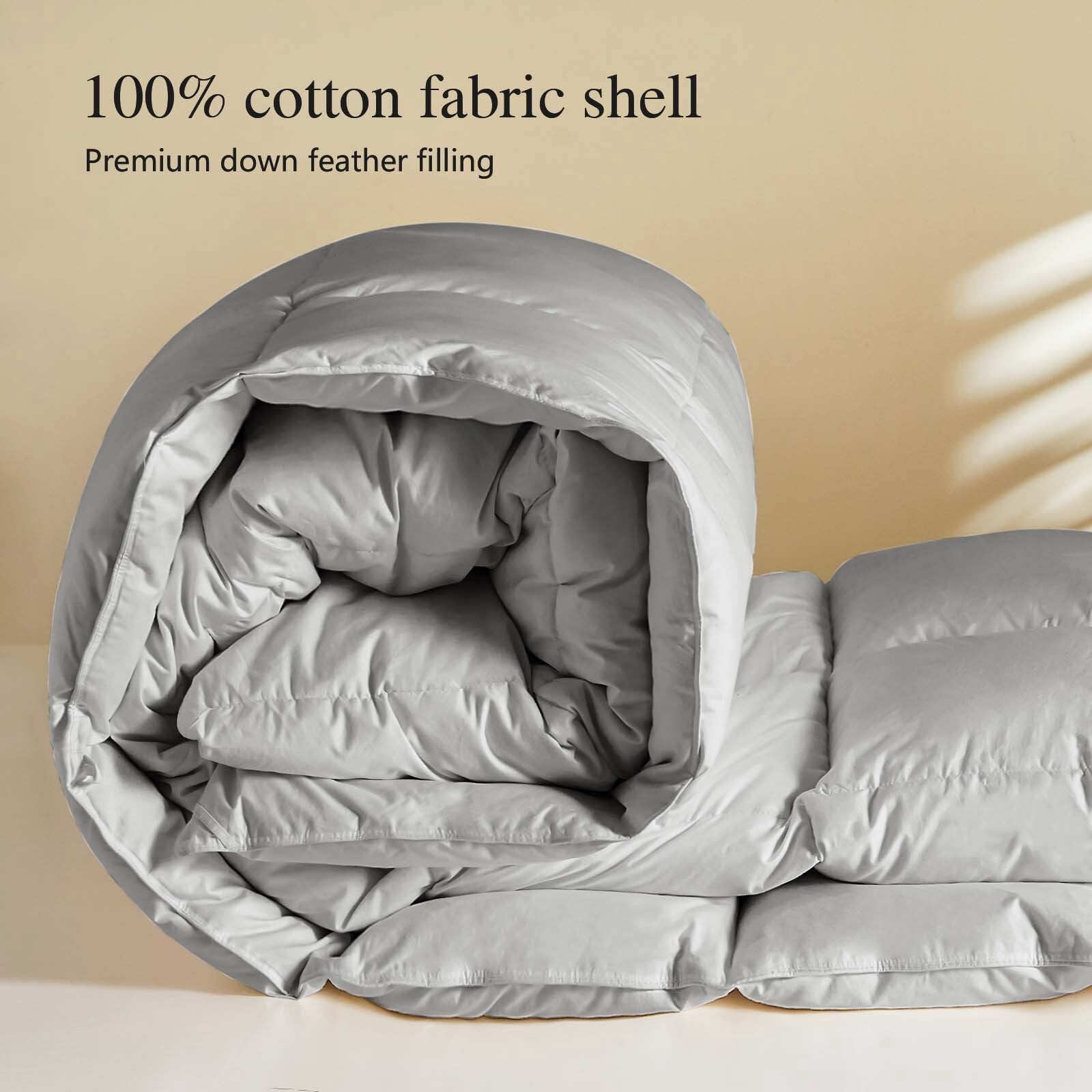 Teler Goose Down Comforter Queen Size, Extra Fluffy White Duvet Insert, Ultra-Soft, Breathable , All Season Hotel Luxury Bedding Comforters, 4 Corner & Center Loops , Light Gray