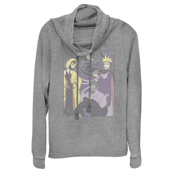 Junior's Disney Distressed Villains Poster  Cowl Neck Sweatshirt Gray Heather 3X Large