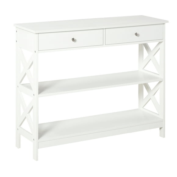 HOMCOM Console Table Sofa Side Desk with Storage Shelves Drawers X Frame for Living Room Entryway White