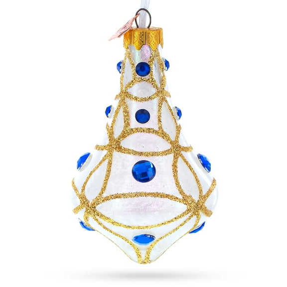 Blue Jewels on Clear Glass Bell Finial Christmas Ornament