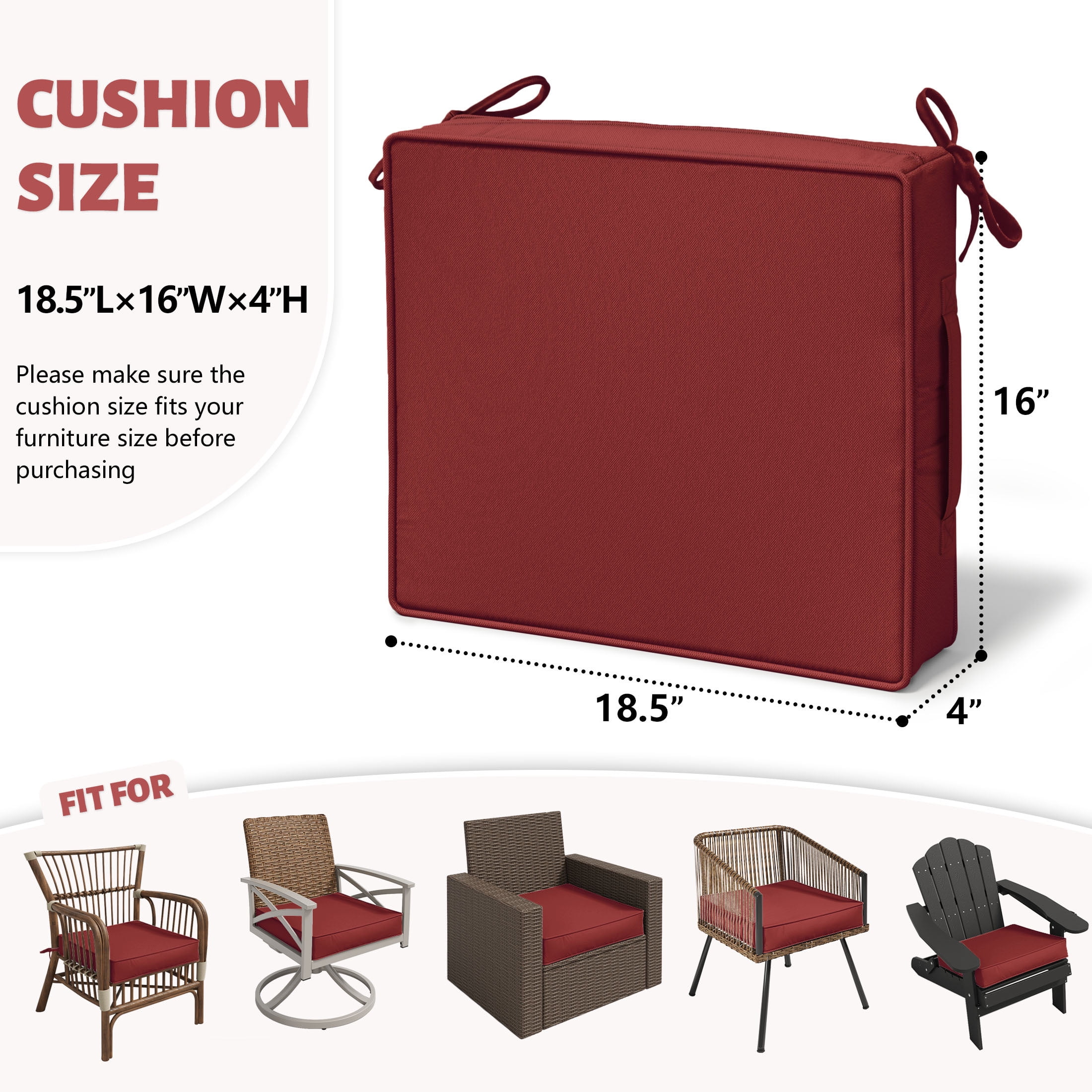 Kimunuk Outdoor Chair Cushions set of 2, 18.5" x 16" Zipped Waterproof Outdoor Seat Cushions Couch Pads with Ties for Patio Furniture, Burgundy
