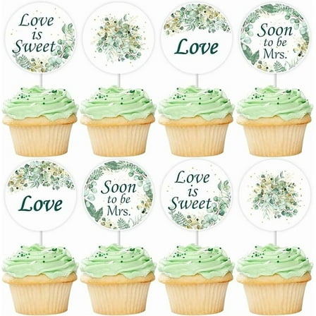 24Pcs Greenery Bridal Shower Cupcake Toppers, Love is Sweet with Soon to be Mrs Sage Green Leaf Printed Cupcake Picks for Women Girls Wedding Engagement Bridal Bachelorette Party
