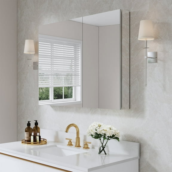 ANGELES HOME 40" x 30" Rectangle Medicine Cabinet Mirror, Surface Mount or Recessed Medicine Cabinet with Tempered Mirror, Anodized Aluminum Frame, Bathroom Mirror with Storage