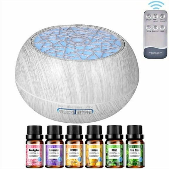 Family Sized 550ml Ultrasonic Diffuser  Wood Grain Design  Remote Operation  7 LED Mood Lights  6 Essential Oils for  Wellness