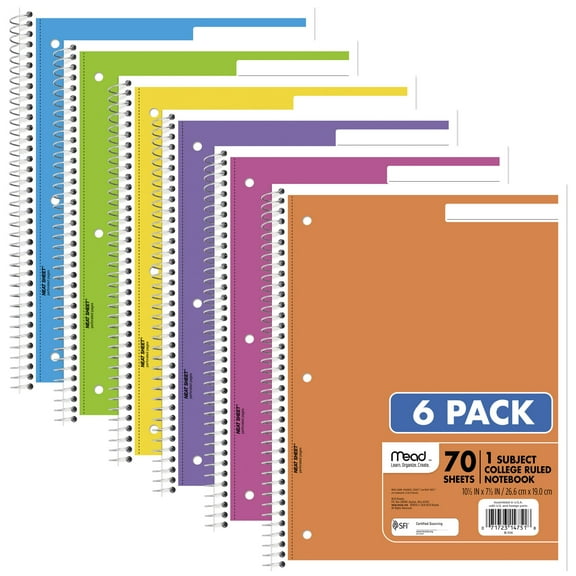 Mead Spiral Notebook, 1 Subject, College Ruled, 8" x 10.5", 70 Sheets, 6 Pack
