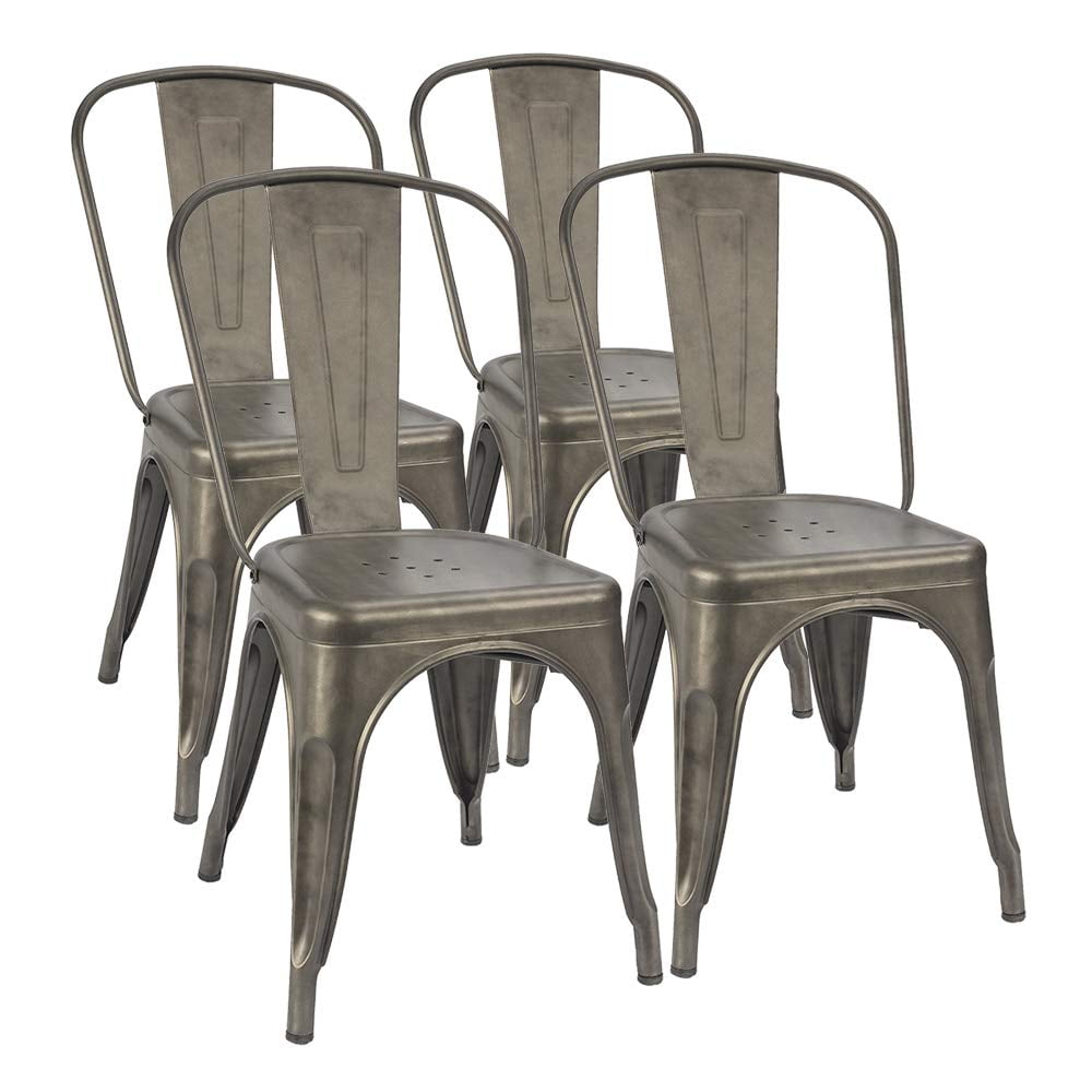 JUMMICO Metal Dining Chair Stackable Industrial Vintage Kitchen Chairs Indoor-Outdoor Bistro Cafe Side Chairs with Back and Wooden Seat Set of 4 Black 