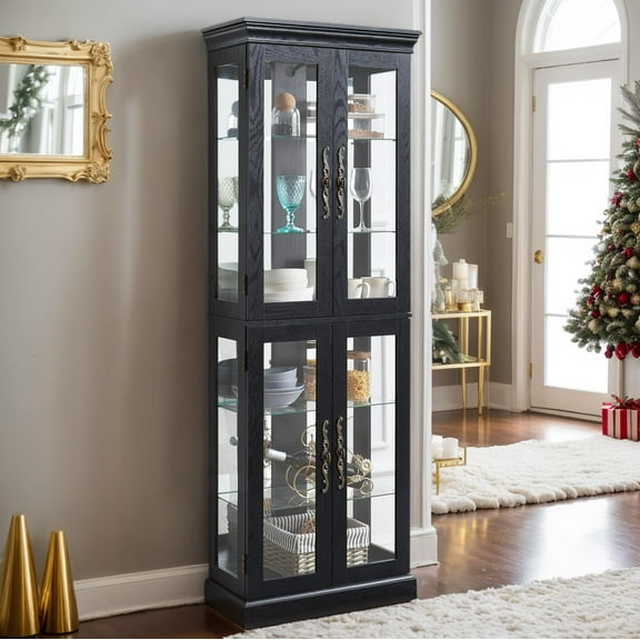 Eyisean 71" Lighted Curio Cabinet, Glass Display Cage with 6 Adjustable Shelves, Tempered Glass Doors, Light Bulb Included, Wine Bar Cabinet for Living Room Liquor Storage