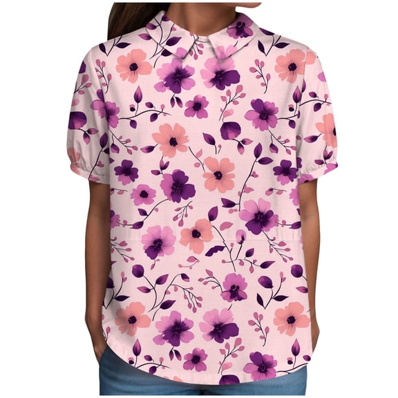 TOWMUS Linen Shirts Women Women's Summer Doll Neck Top With Print Short Sleeve Pullover Top Casual Shirts for Women Womens Tops Pink