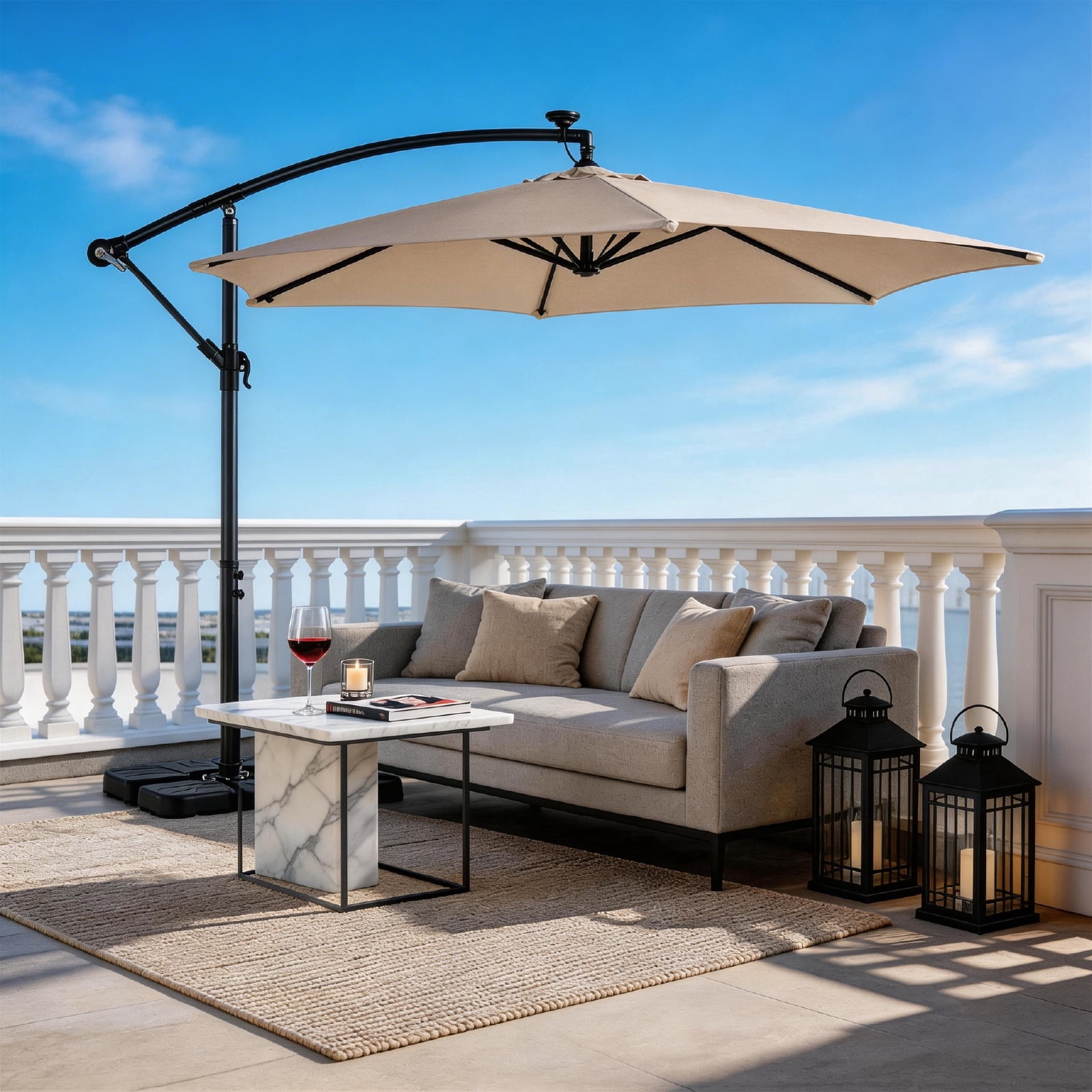 UBesGoo 10 Feet Solar LED Offset Cantilever Hanging Market Patio Umbrella,Easy Crank & Tilt Adjustment, for Garden Deck Pool Patio,Khaki