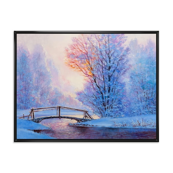 Designart 'Winter Landscape With A Bridge and A River' Lake House Framed Canvas Wall Art Print