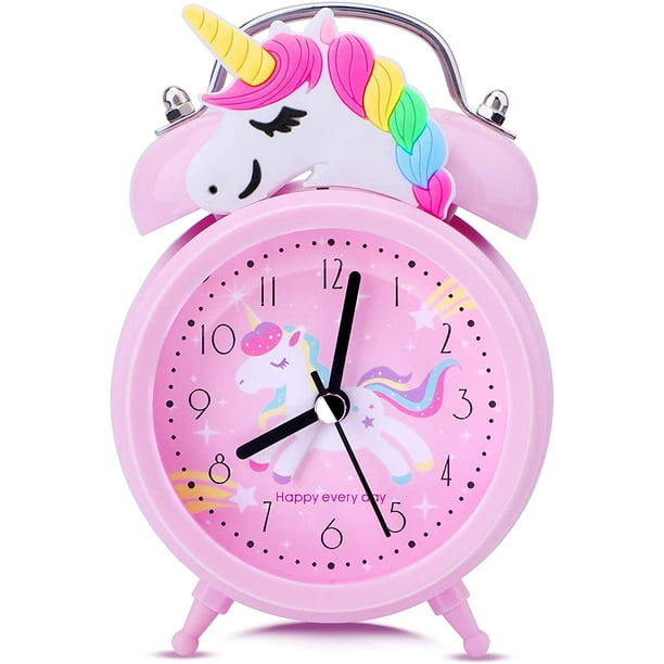 JM Reloj despertador de nina unicornio para ninos adorable decoracion de dormitorio segundero silencioso sin tictac doble campana super fuerte con retroiluminacion regalo de unicornio para ninos rosa ...