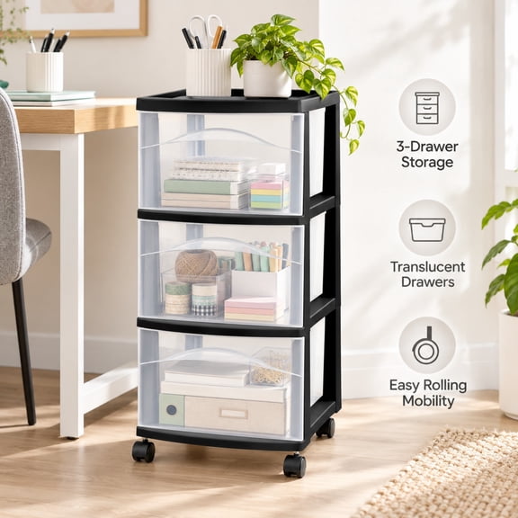 3-Drawer Medium Rolling Storage Cart with Translucent Drawers & Caster Wheels, Mobile Organizer for Bathroom, Bedroom, Office & Home