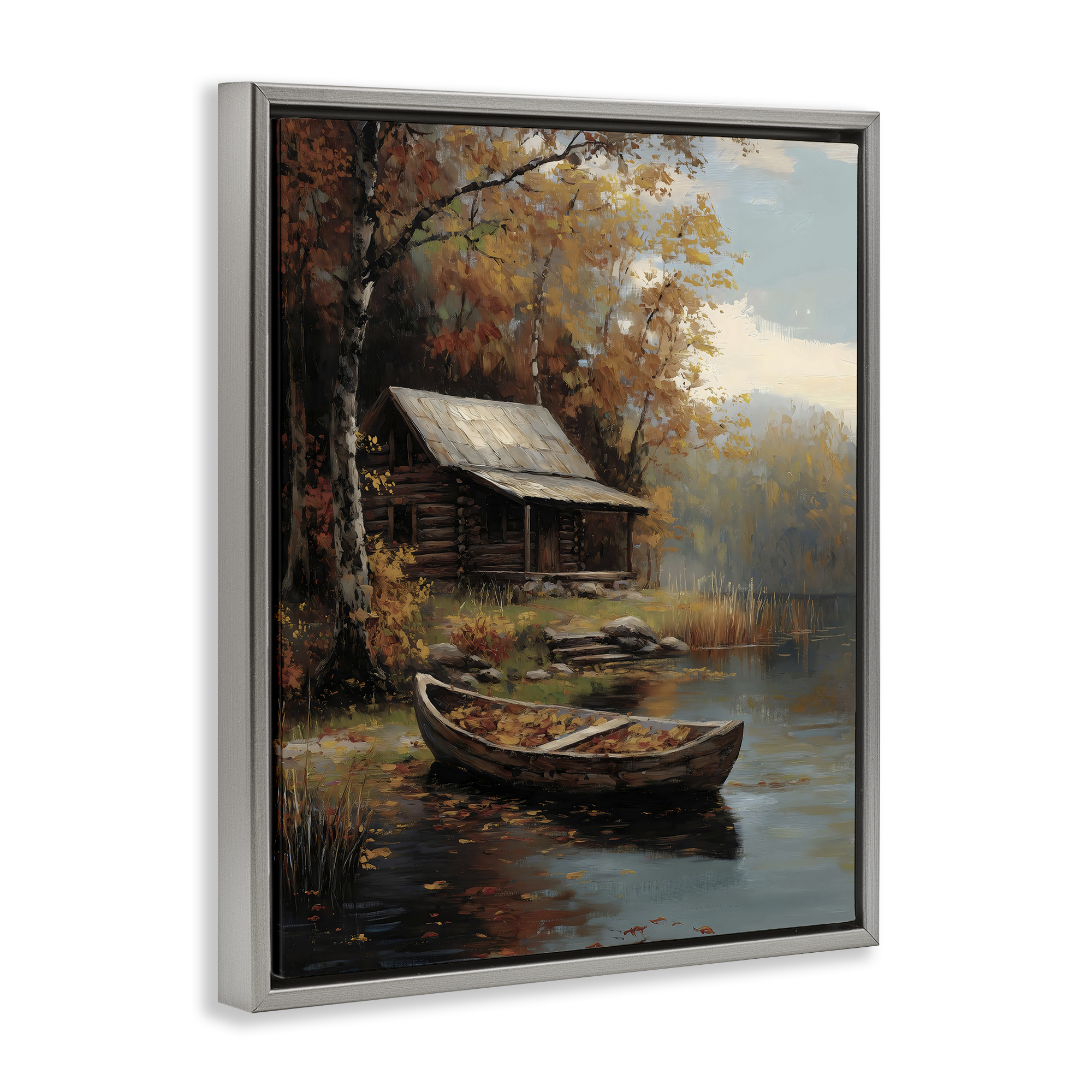 Autumn Cabin Canoe with Leaves Gray Framed Floater Canvas Wall Art, design by Arlington Prints