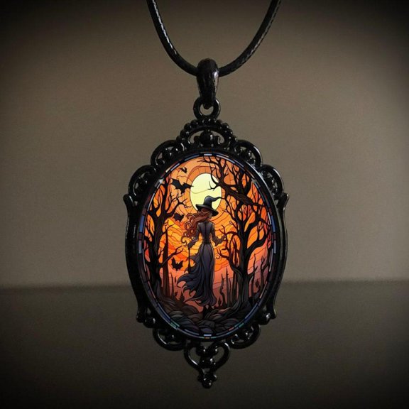 Gothic Style Oval Pendant Necklace, Halloween Themed Black Chain Accessory with Gem Detail, Dark Style Jewelry for Women Men