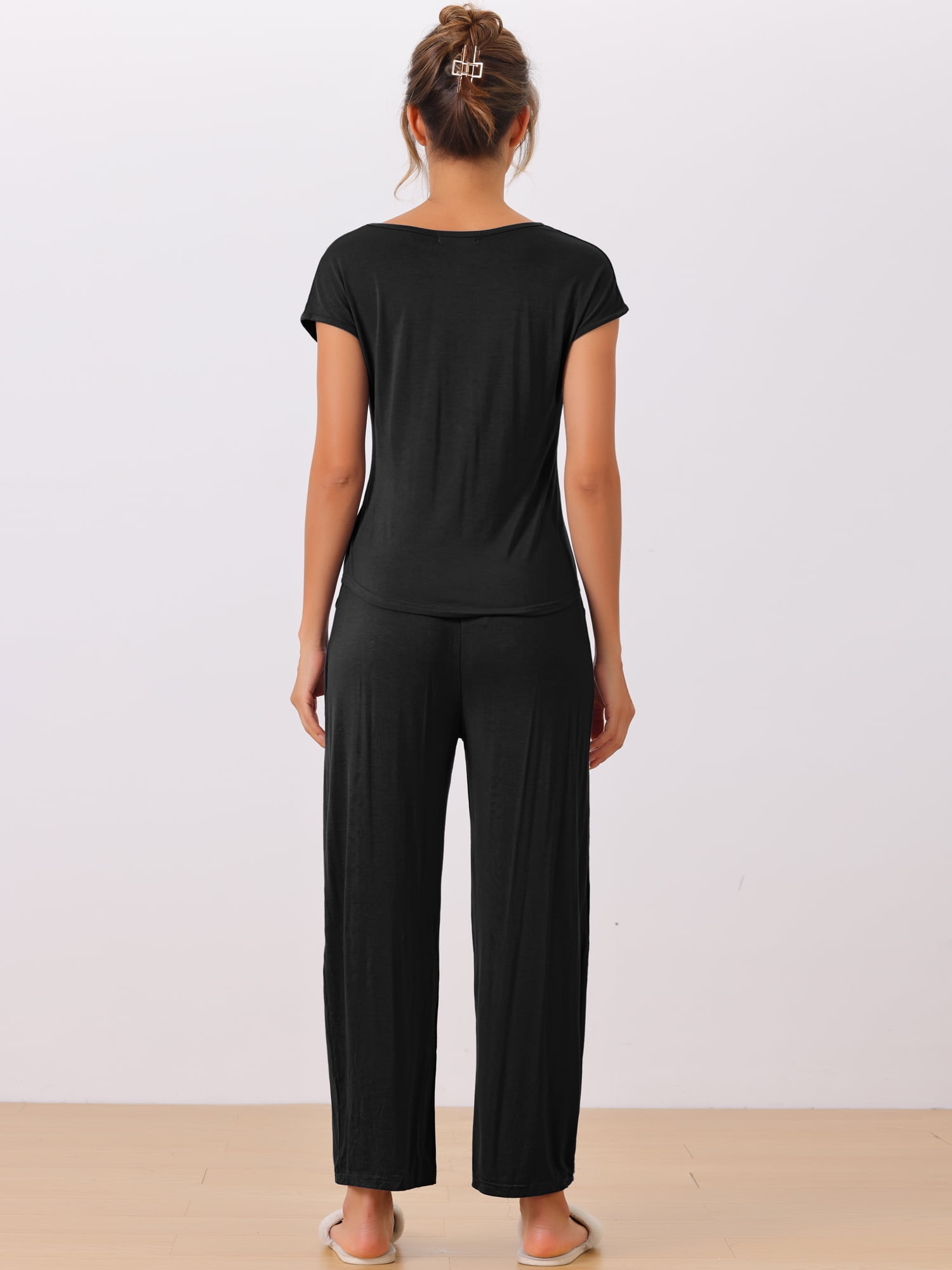DARING DIVA Women's Short Sleeve Pajama Set Loungewear Long Pants Sweatsuit XS Black