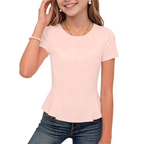 Camisetas para Niña - Camisetas con Volantes de Manga Corta para Niñas, Blusas de Verano, Uso Diario Escolar, Suaves, Casuales, Cuello Redondo, Camisetas de Manga Corta para Niños, Rosas, 11 Años