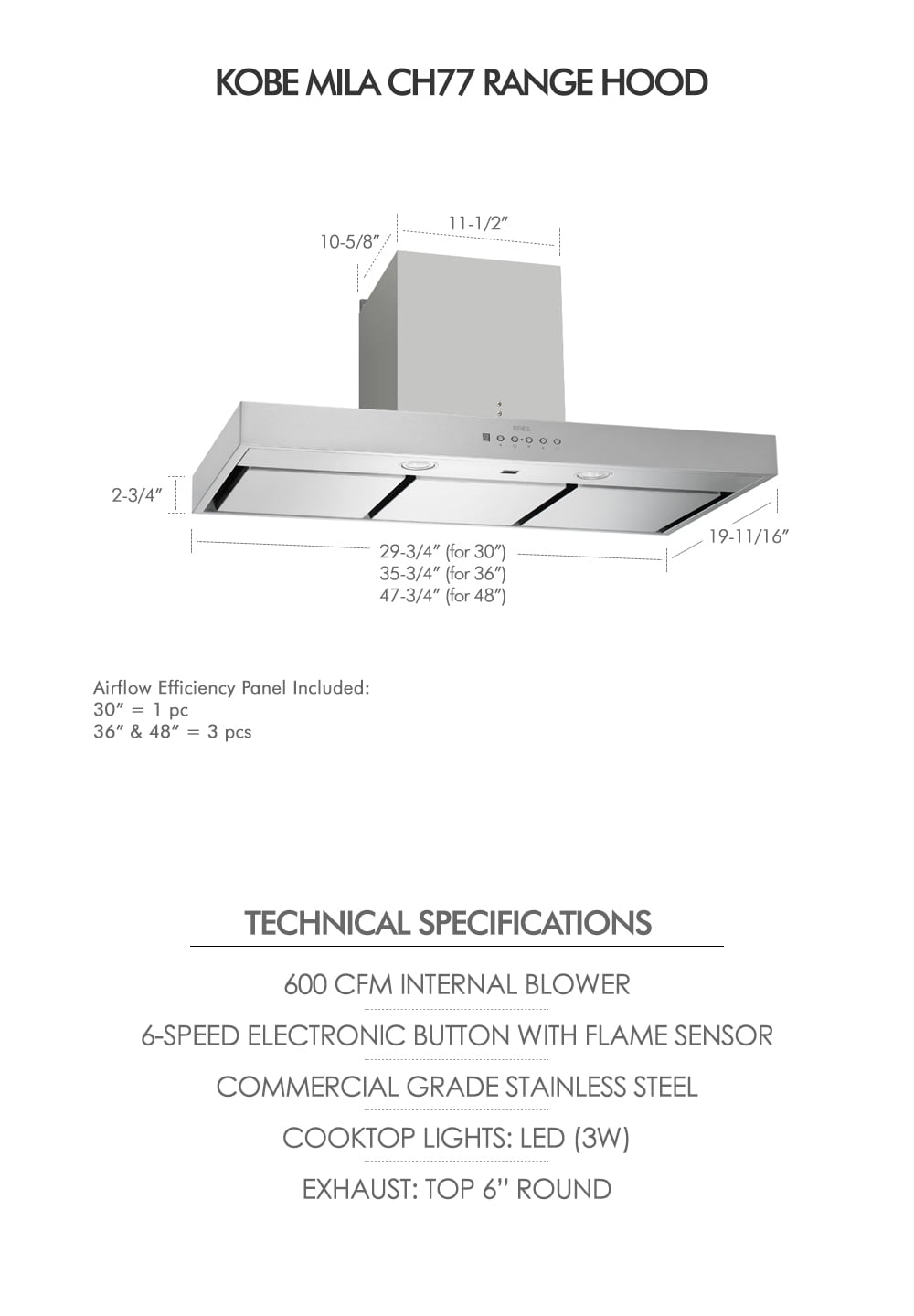 KOBE CH77 Series 36-Inch Hands-Free Fully Auto Under Cabinet Range Hood in Stainless Steel