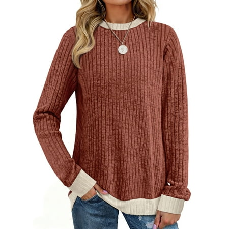 MOSHU Color Block Sweaters for Women Crewneck Long Sleeves Fashion Tops Pullover Fall Lightweight Women Sweaters