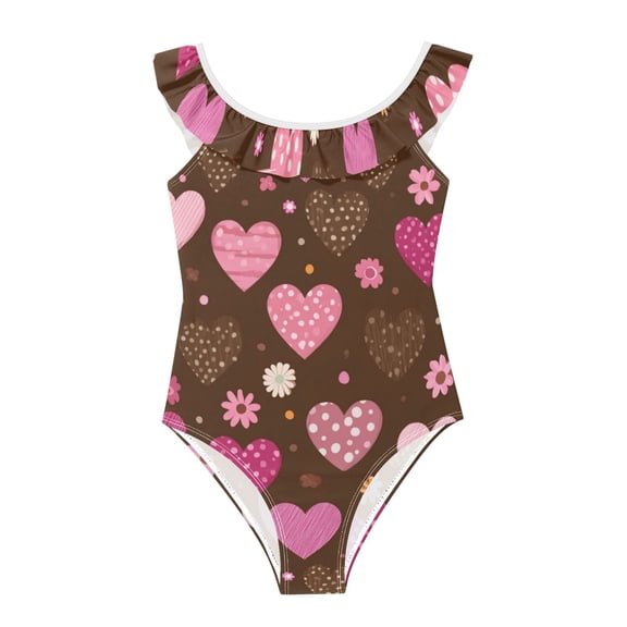 Girls Ruffled One Piece Swimsuit Summer Beach Vacation Swimwear Tank Swimsuit Pink and Brown Hearts Pattern