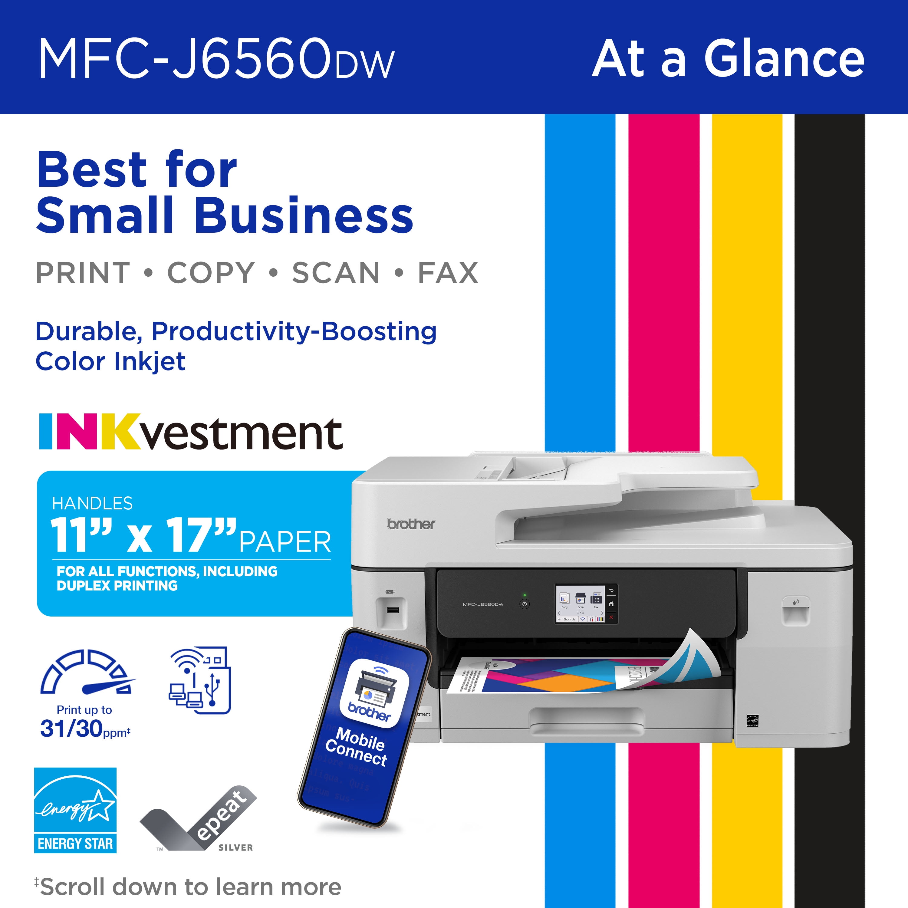 Brother INKvestment MCF-J6560DW Wireless Color Inkjet All-in-One Printer with 11”x17” capabilities and 2.7” Color Touchscreen