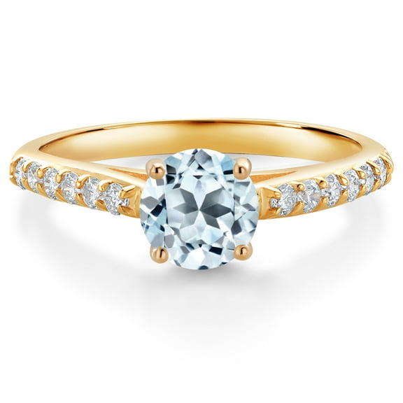 Gem Stone King 10K Yellow Gold Sky Blue Topaz and White Lab Grown Diamond Engagement Ring for Women (1.18 Cttw, Gemstone November Birthstone, Round 6MM, Size 6)