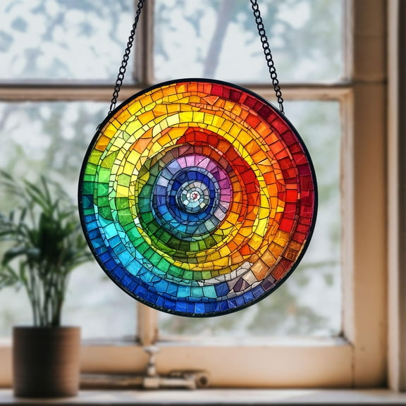 Rainbow Spiral Stained Glass Suncatcher – Colorful Light Catcher Window Hanging, Rainbow Wall Art Home Decor Gift